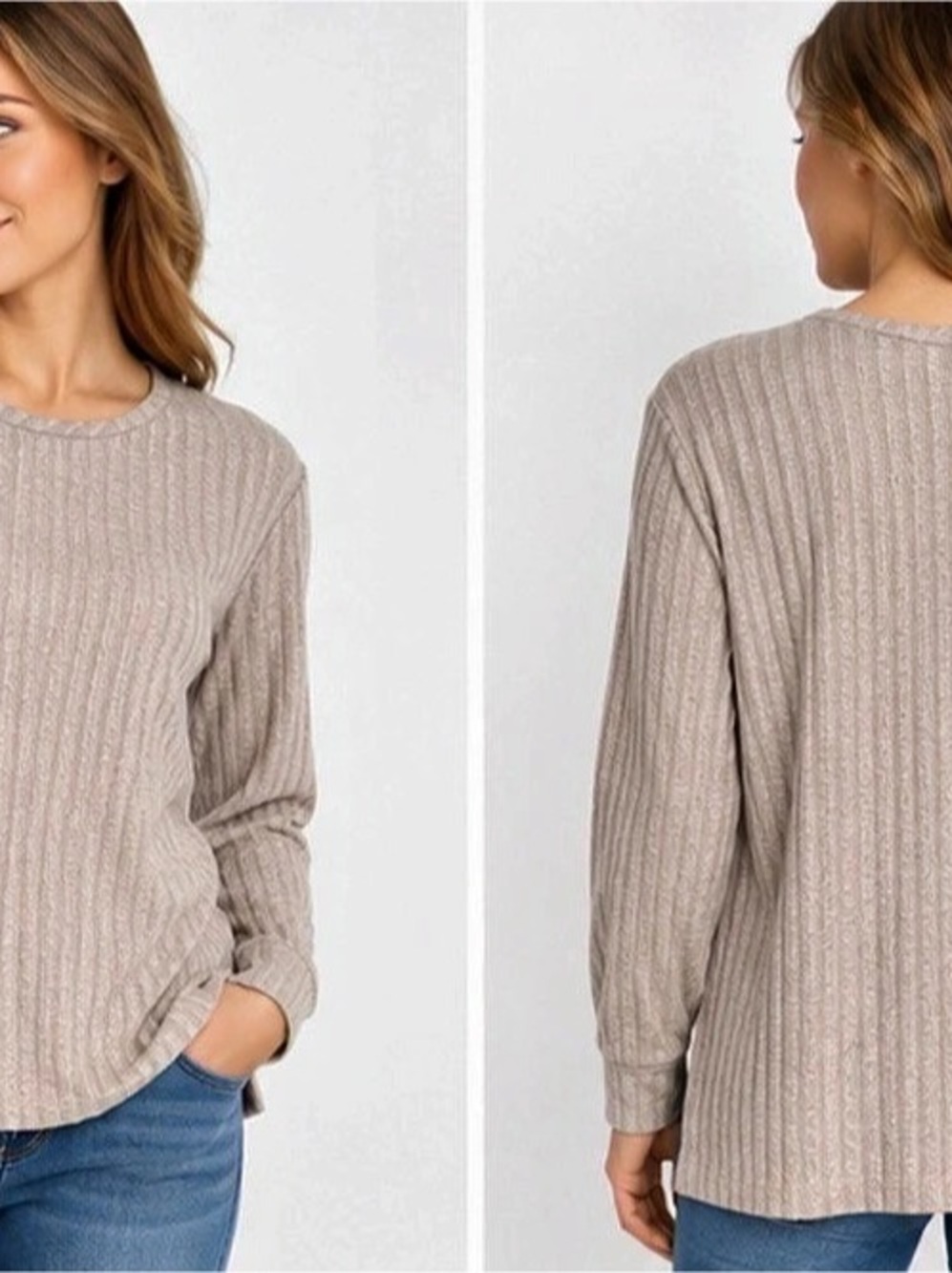 Susan Graver Weekend Ribbed Knit Long Sleeve Top – Beige/Taupe – Size XS